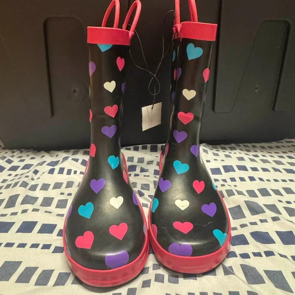 Toddler Heart Rain Boots Black Pink Waterproof Rubber Shoes Size 3